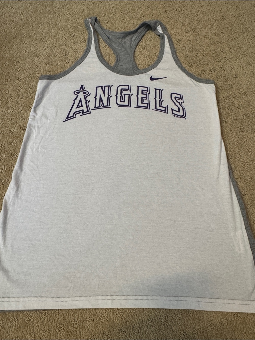 Nike White Racerback Tank with Purple 'Angels' baseball MLB Graphic